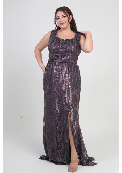 Kadın Kare Yaka Astarlı Pulpayet Büyük Beden Uzun Elbise