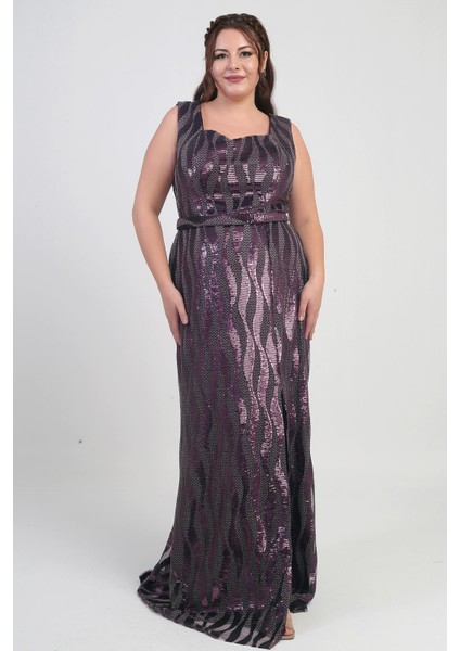 Kadın Kare Yaka Astarlı Pulpayet Büyük Beden Uzun Elbise modelleri