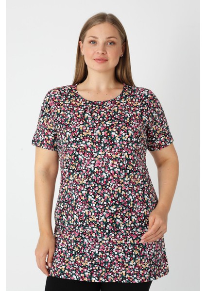 Haki Desenli Kısa Kollu Kadın Büyük Beden Pamuklu T-Shirt
