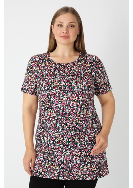 Haki Desenli Kısa Kollu Kadın Büyük Beden Pamuklu T-Shirt fırsatları