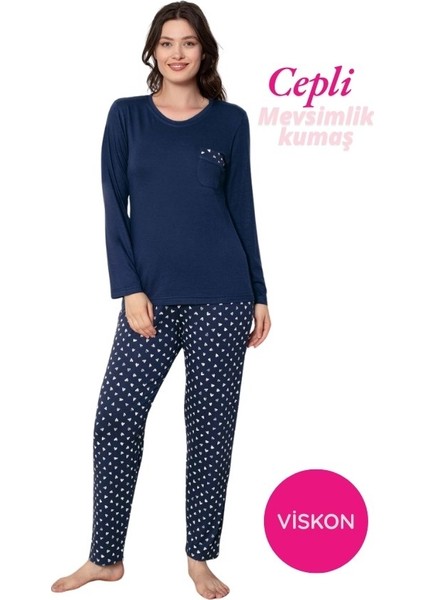 Kadın Bisiklet Yaka Düğmesiz Dökümlü Viskon Mevsimlik Uzun Kol Cepli Pijama Takımı