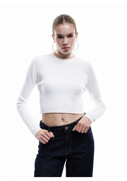 Uzun Kollu Bisiklet Yaka Triko Crop Kazak