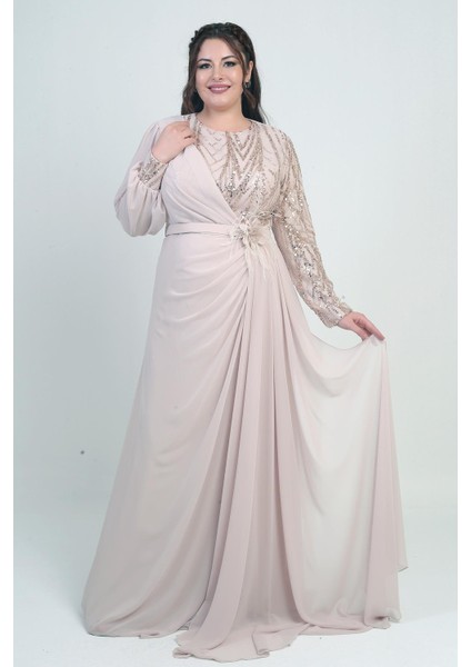 Kadın Üstü Pul-Boncuk Işlemeli Astarlı Beli Çiçekli Büyük Beden Uzun Şifon Elbise