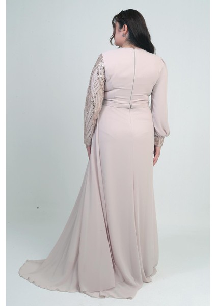 Kadın Üstü Pul-Boncuk Işlemeli Astarlı Beli Çiçekli Büyük Beden Uzun Şifon Elbise fırsatları