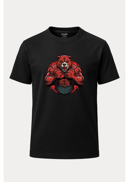Bodybuilder Kırmızı Ayı Baskılı Loose Fit Bisiklet Yaka Unisex Tişört