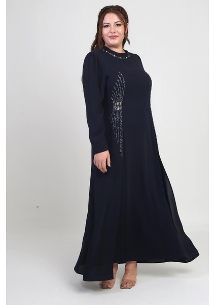 Kadın Taş-Boncuk Baskılı Büyük Beden Tesettür Uzun Elbise
