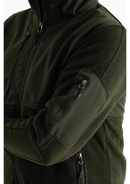 Erkek Haki Slim Fit Anti-Pilling Tüylenme Yapmayan Tam Fermuar Softshell Garnili Polar Sweatshirt