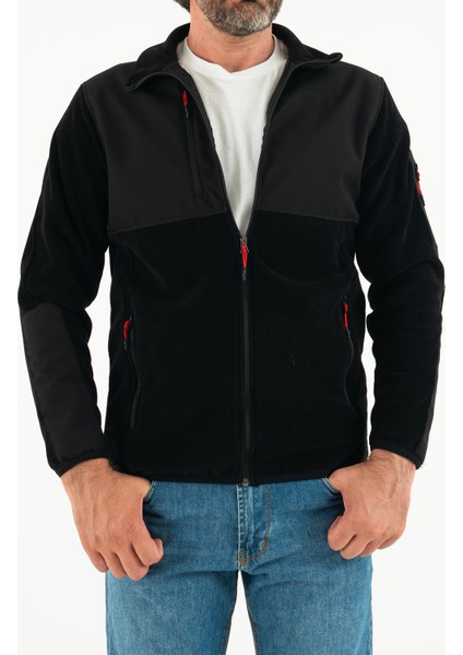 Erkek Siyah Slim Fit Anti-Pilling Tüylenme Yapmayan Tam Fermuar Softshell Garnili Polar Sweatshirt