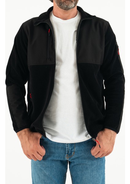 Erkek Siyah Slim Fit Anti-Pilling Tüylenme Yapmayan Tam Fermuar Softshell Garnili Polar Sweatshirt fiyatları