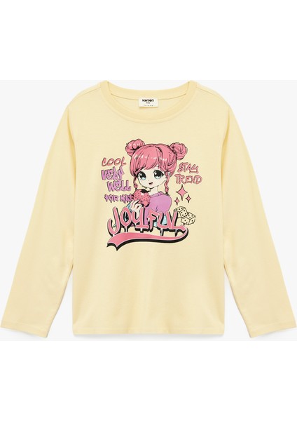 Pamuklu Uzun Kollu Bisiklet Yaka Anime Baskılı Tişört