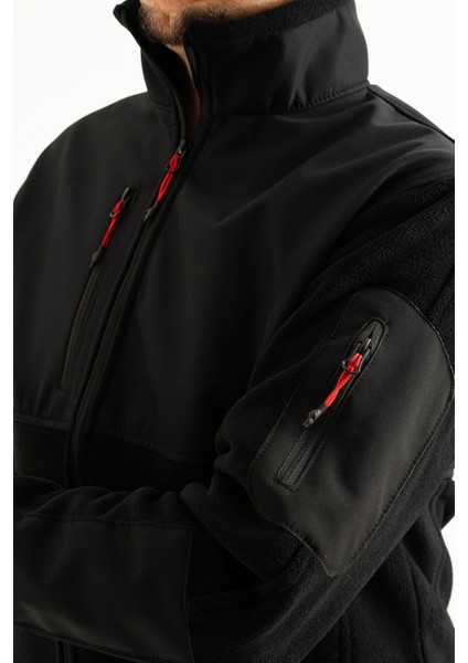 Erkek Siyah Slim Fit Anti-Pilling Tüylenme Yapmayan Tam Fermuar Softshell Garnili Polar Sweatshirt
