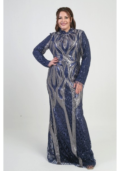 Kadın Dik Yaka Pul Işlemeli Astarlı Büyük Beden Uzun Elbise