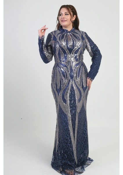 Kadın Dik Yaka Pul Işlemeli Astarlı Büyük Beden Uzun Elbise modelleri