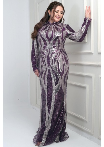 Kadın Dik Yaka Pul Işlemeli Astarlı Büyük Beden Uzun Elbise