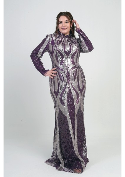 Kadın Dik Yaka Pul Işlemeli Astarlı Büyük Beden Uzun Elbise fiyatları