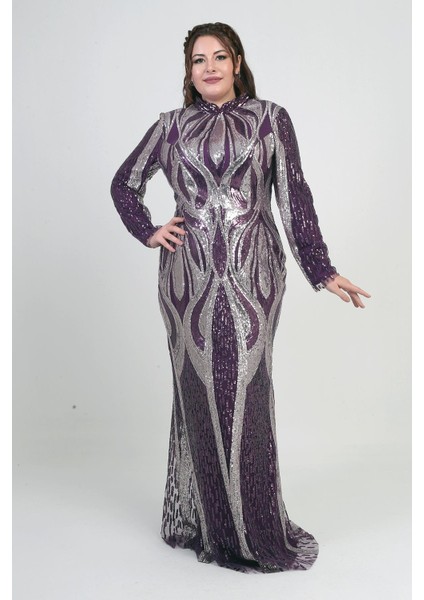 Kadın Dik Yaka Pul Işlemeli Astarlı Büyük Beden Uzun Elbise modelleri