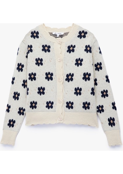 Uzun Kollu Bisiklet Yaka Jakarlı Düğmeli Çiçekli Triko Hırka