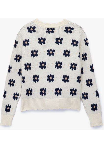 Uzun Kollu Bisiklet Yaka Jakarlı Düğmeli Çiçekli Triko Hırka fiyatları