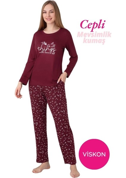 Kadın Bisiklet Yaka Düğmesiz Dökümlü Viskon Mevsimlik Uzun Kol Cepli Pijama Takımı