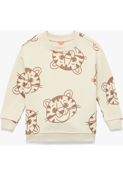 Kaplan Baskılı Uzun Kollu Bisiklet Yaka Şardonlu Sweatshirt