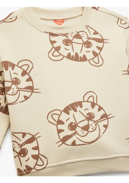 Kaplan Baskılı Uzun Kollu Bisiklet Yaka Şardonlu Sweatshirt modelleri