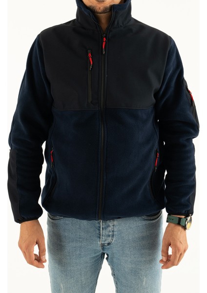 Erkek Lacivert Slim Fit Anti-Pilling Tüylenme Yapmayan Tam Fermuar Softshell Garnili Polar Sweatshirt
