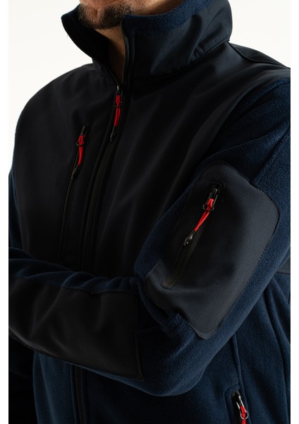Erkek Lacivert Slim Fit Anti-Pilling Tüylenme Yapmayan Tam Fermuar Softshell Garnili Polar Sweatshirt