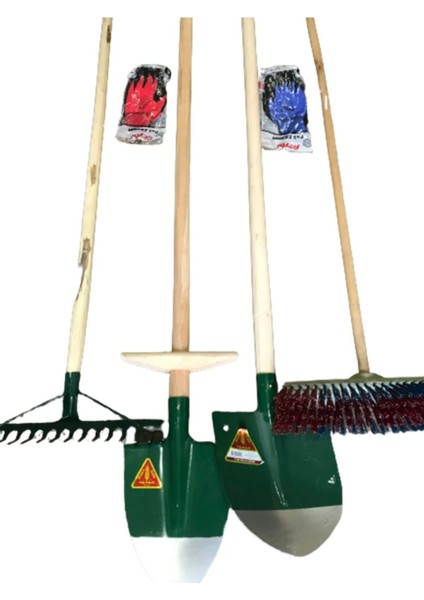 4'lü Set Saplı Bel Küreği Saplı Kürek Saplı Tırmık ve Saplı Fırça ve Eldiven