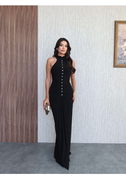 Yan Büzgü Düğme Detaylı Uzun Elbise fırsatları