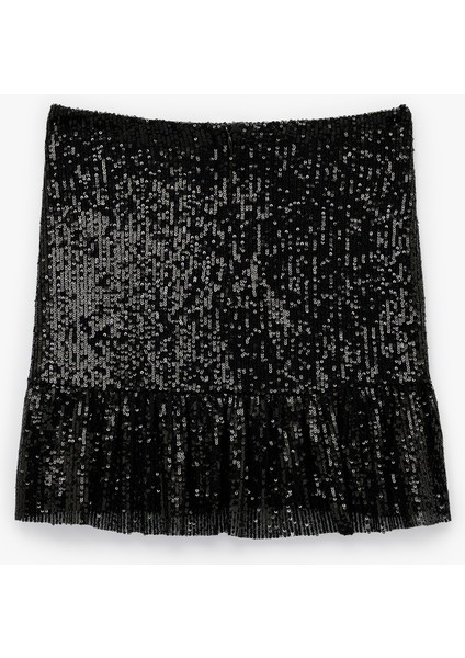 Pullu Payetli Volanlı Asimetrik Mini Abiye Etek