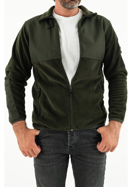 Erkek Haki Slim Fit Anti-Pilling Tüylenme Yapmayan Tam Fermuar Softshell Garnili Polar Sweatshirt