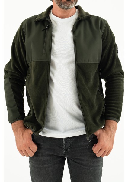 Erkek Haki Slim Fit Anti-Pilling Tüylenme Yapmayan Tam Fermuar Softshell Garnili Polar Sweatshirt fiyatları