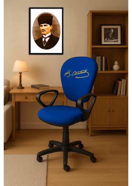 Fenerbahçe Çocuk Çalışma Koltuğu | Atatürk İmzalı Sarı Lacivert Döner ve Tekerlekli Ders Sandalyesi