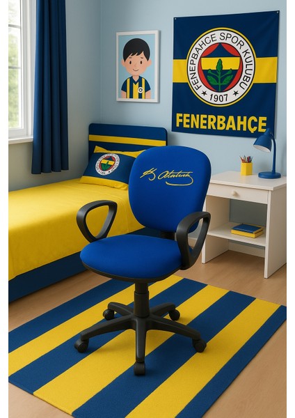 Fenerbahçe Çocuk Çalışma Koltuğu | Atatürk İmzalı Sarı Lacivert Döner ve Tekerlekli Ders Sandalyesi fırsatları