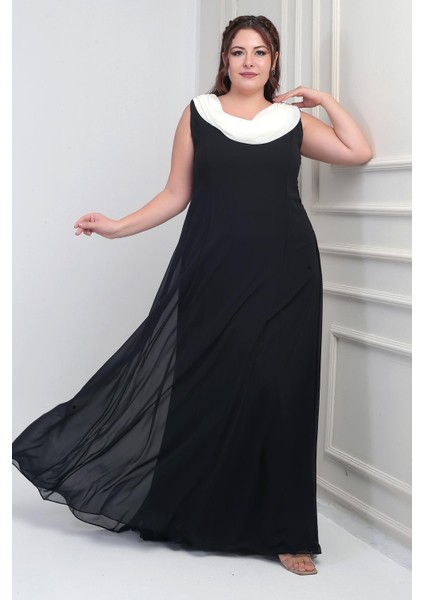 Kadın Degaje Yaka Arkası Taş Detaylı Volanlı Astarlı Büyük Beden Uzun Şifon Elbise