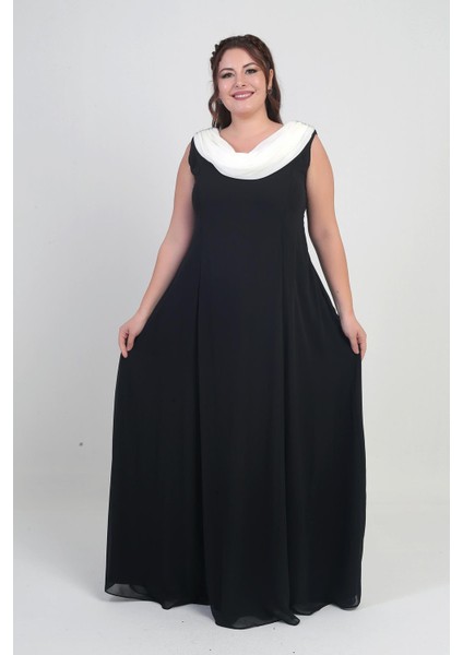 Kadın Degaje Yaka Arkası Taş Detaylı Volanlı Astarlı Büyük Beden Uzun Şifon Elbise modelleri