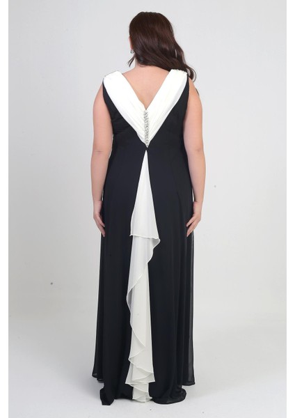 Kadın Degaje Yaka Arkası Taş Detaylı Volanlı Astarlı Büyük Beden Uzun Şifon Elbise fırsatları