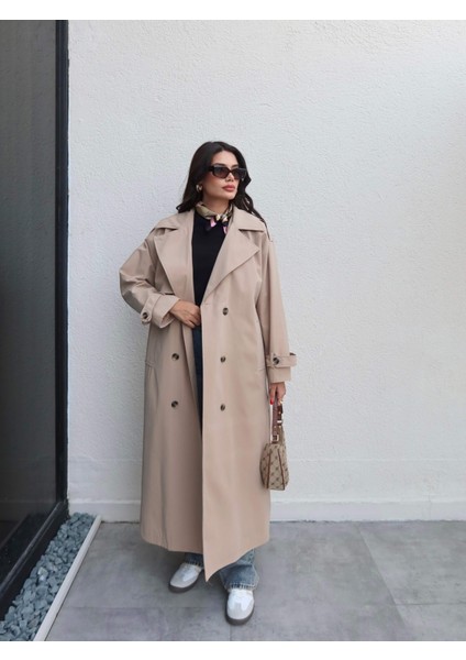 Kruvaze Yaka Kemerli Uzun Trench