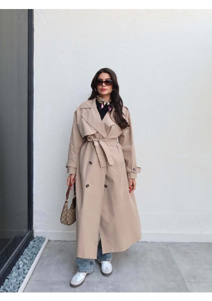 Kruvaze Yaka Kemerli Uzun Trench fiyatları