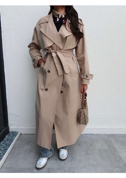Kruvaze Yaka Kemerli Uzun Trench modelleri