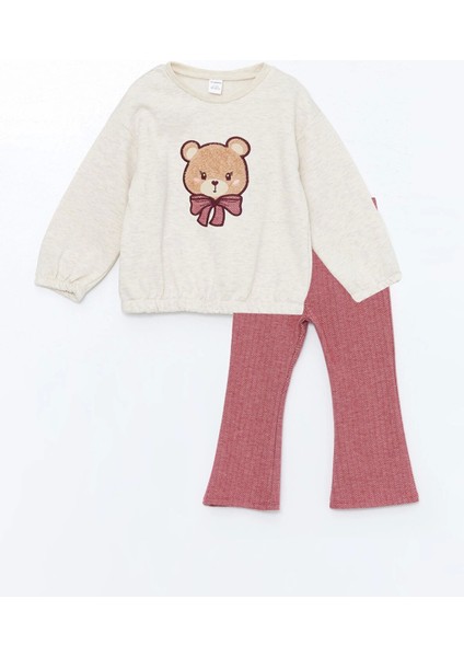 Lcw Kids Bej Bisiklet Yaka Uzun Kollu Nakışlı Kız Çocuk Sweatshirt ve Tayt 2'li Takım