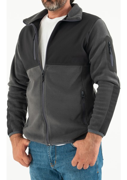 Erkek Füme Slim Fit Anti-Pilling Tüylenme Yapmayan Tam Fermuar Softshell Garnili Polar Sweatshirt