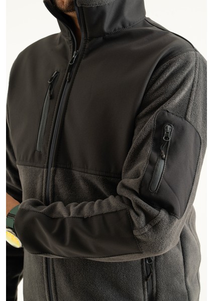 Erkek Füme Slim Fit Anti-Pilling Tüylenme Yapmayan Tam Fermuar Softshell Garnili Polar Sweatshirt