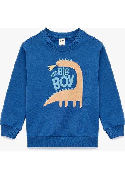 Pamuklu Dinozor Baskılı Uzun Kollu Bisiklet Yaka Şardonlu Sweatshirt