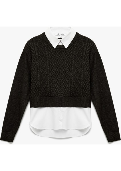 Uzun Kollu Gömlek Yaka Saç Örgü Dokulu Viskon Karışımlı Kazak modelleri