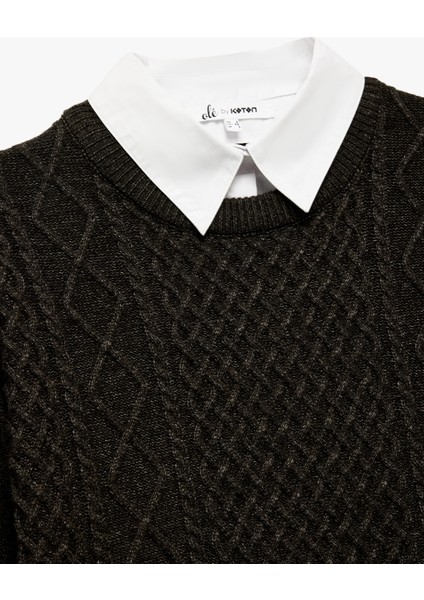 Uzun Kollu Gömlek Yaka Saç Örgü Dokulu Viskon Karışımlı Kazak indirimleri