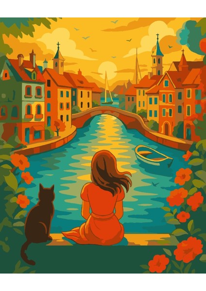 Sayılarla Boyama Seti 40X50 cm (Çıtalı) Fırça Boya Dahil Numaralı Tuval Kız ve Kedi