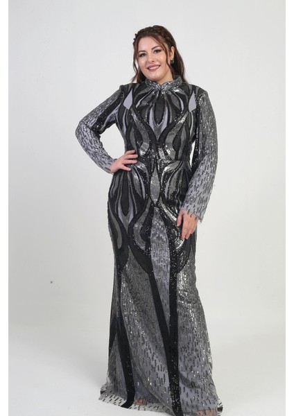 Kadın Dik Yaka Pul Işlemeli Astarlı Büyük Beden Uzun Elbise