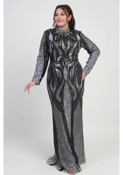 Kadın Dik Yaka Pul Işlemeli Astarlı Büyük Beden Uzun Elbise fiyatları