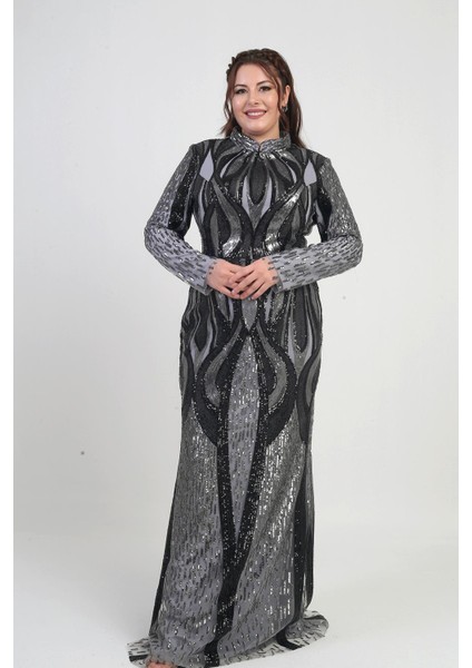 Kadın Dik Yaka Pul Işlemeli Astarlı Büyük Beden Uzun Elbise modelleri